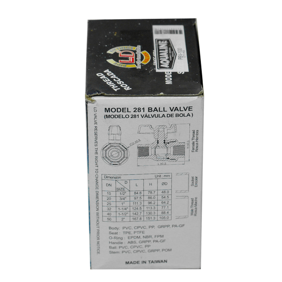 Válvula de bola de PVC plástico Aqualine PBV-100 de 1 pulgada con roscas