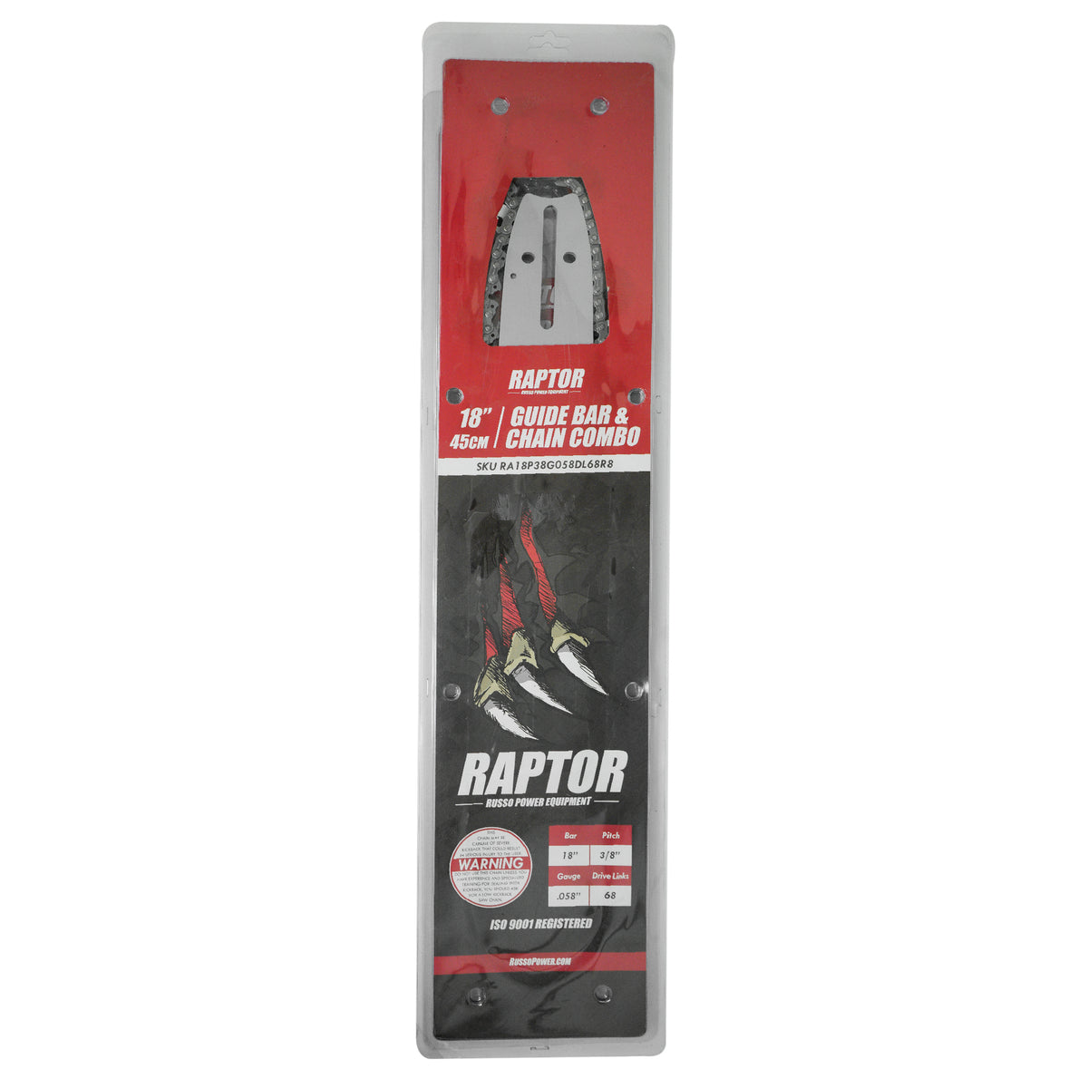 Motosierra Raptor RA18P38G058DL68 de 18 pulgadas con barra y cadena