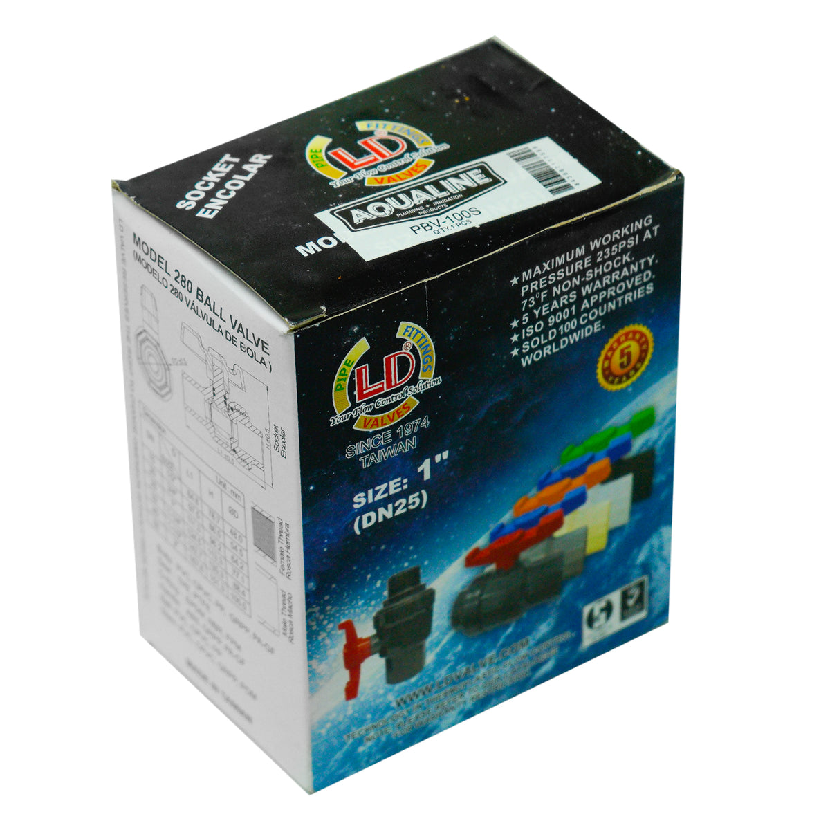Válvula de bola de PVC de plástico Aqualine PBV-100S de 1 pulgada con extremos para pegar (SLIP)