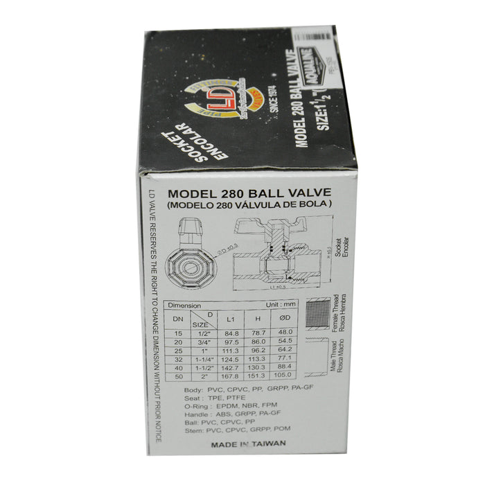 Aqualine PBV-150S 1-1/2 inch Plastic PVC Ball Valve with SLIP ends