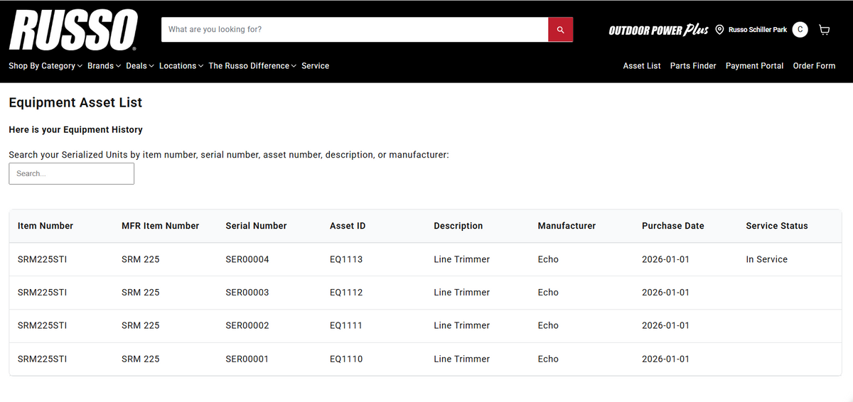 A screenshot of the Equipment Asset List page, showing a table of equipment.
