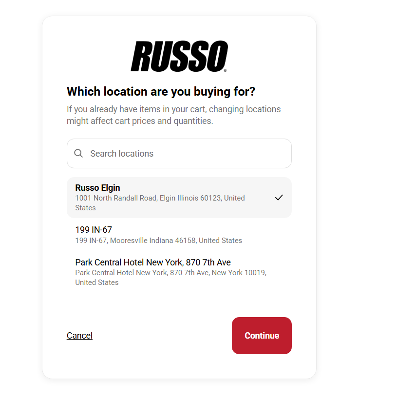 Select from multiple company locations to shop for under one account.