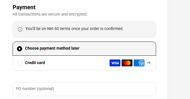 Use payment terms or alternative payment methods at checkout.