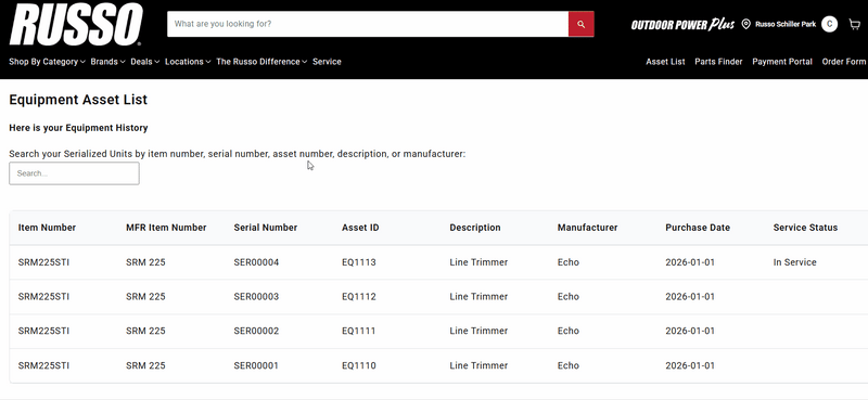Search for specific equipment in the asset list.
