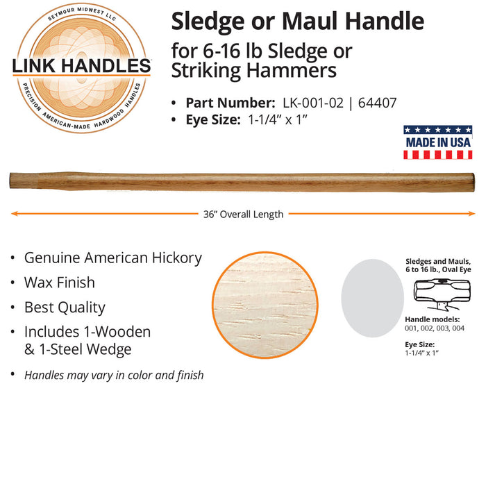 Seymour 64407 36" Sledge or Maul Handle, For 6 To 16 Lb Sledge or Striking Hammers, Oval Eye