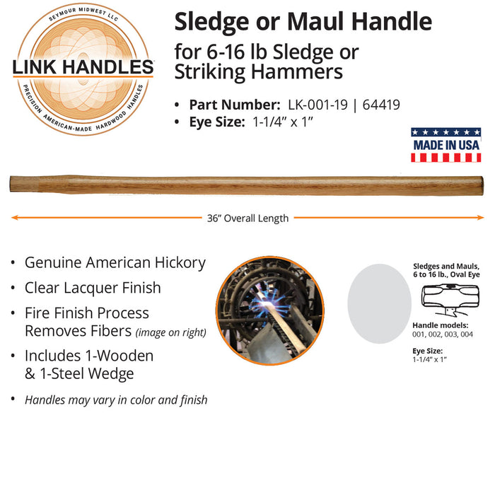Seymour 64419 36" Sledge or Maul Handle, For 6 To 16 Lb Sledge or Striking Hammers, Oval Eye