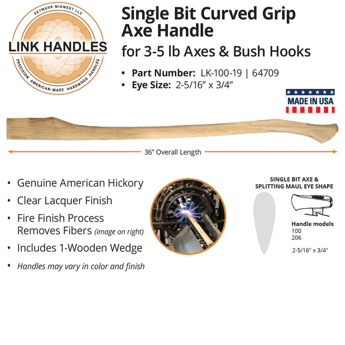 Seymour 64709 14 Ga. 36" Single Bit Curved Grip Axe Handle, For 3 To 5 Pound Axes & Bush Hooks