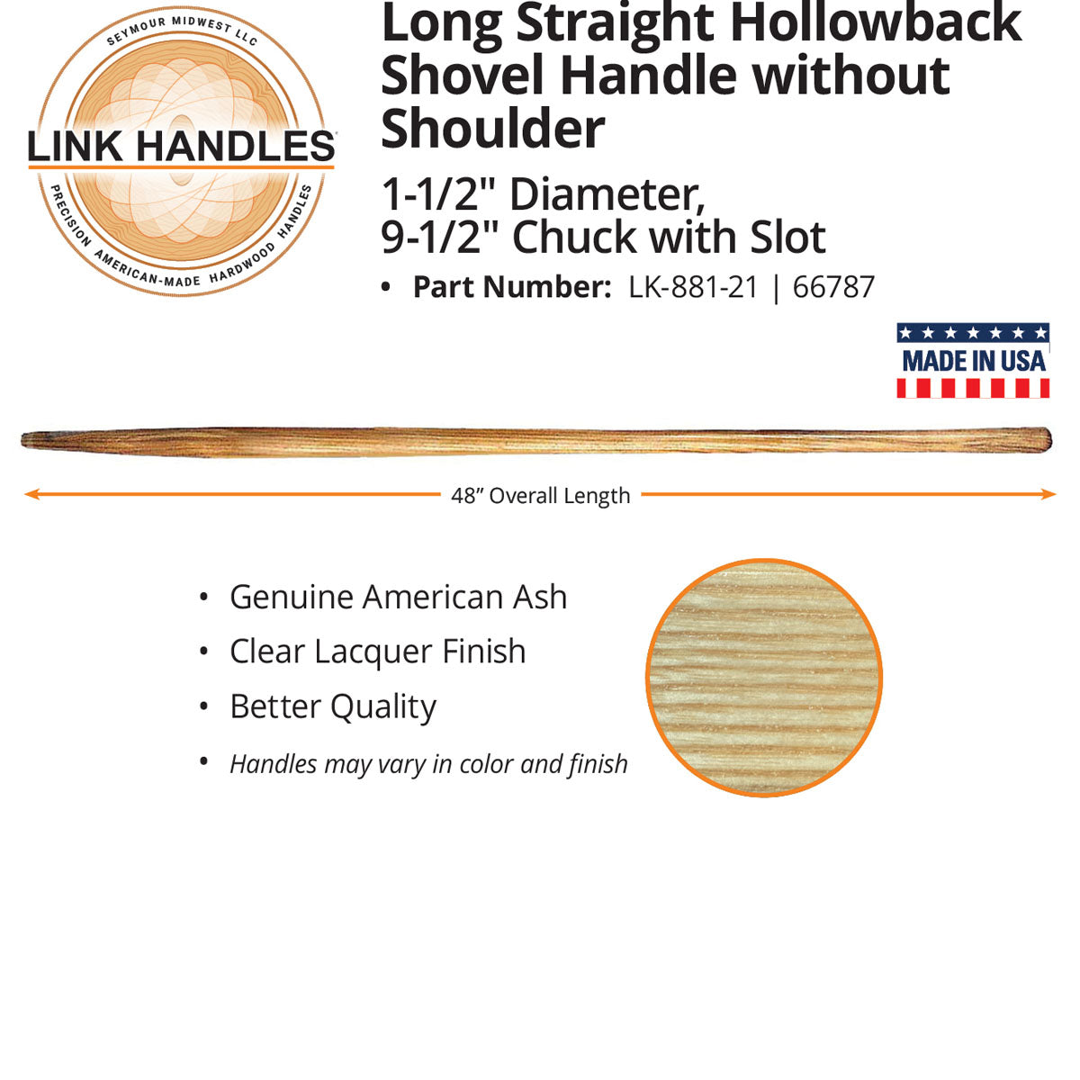 Seymour 66787 48" Straight Hollowback Shovel Handle, without Shoulder, 9-1/2" Chuck with Slot