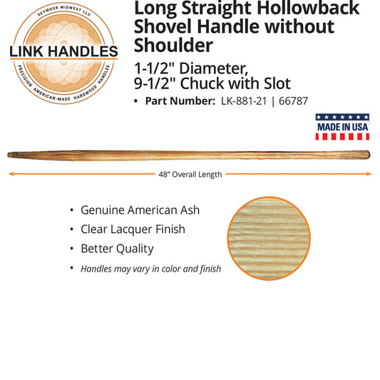 Seymour 66787 48" Straight Hollowback Shovel Handle, without Shoulder, 9-1/2" Chuck with Slot