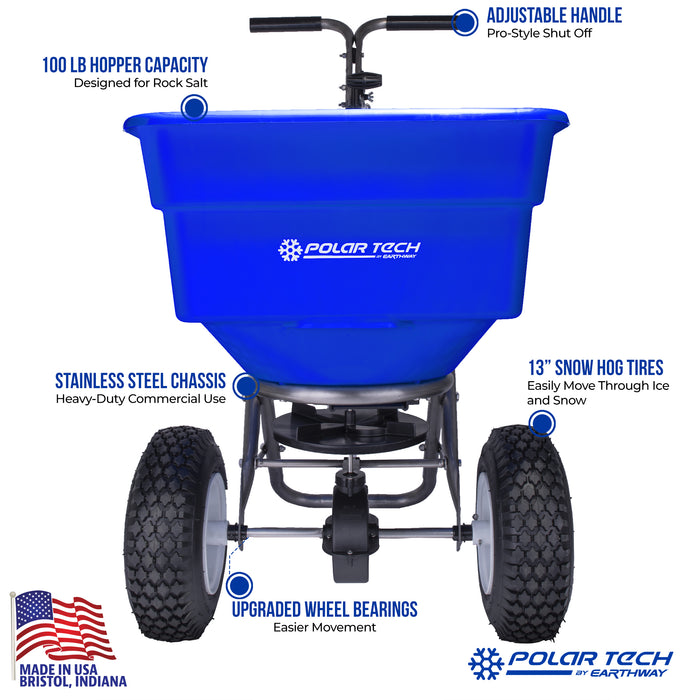 Earthway 90399 Professional Stainless Steel Ice Melt Broadcast Push Spreader 100 LB
