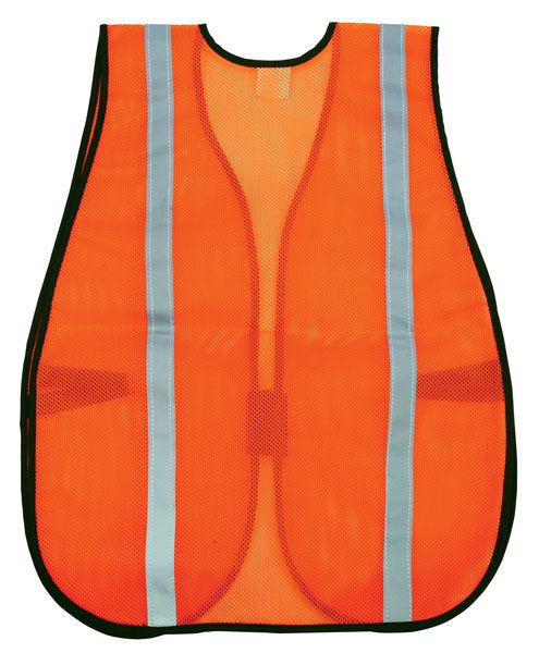 MCR V211SR Chaleco de seguridad de malla naranja Rayas reflectantes plateadas de 1 pulgada Tejido de malla de poliéster liviano Uso general, sin clasificación ANSI